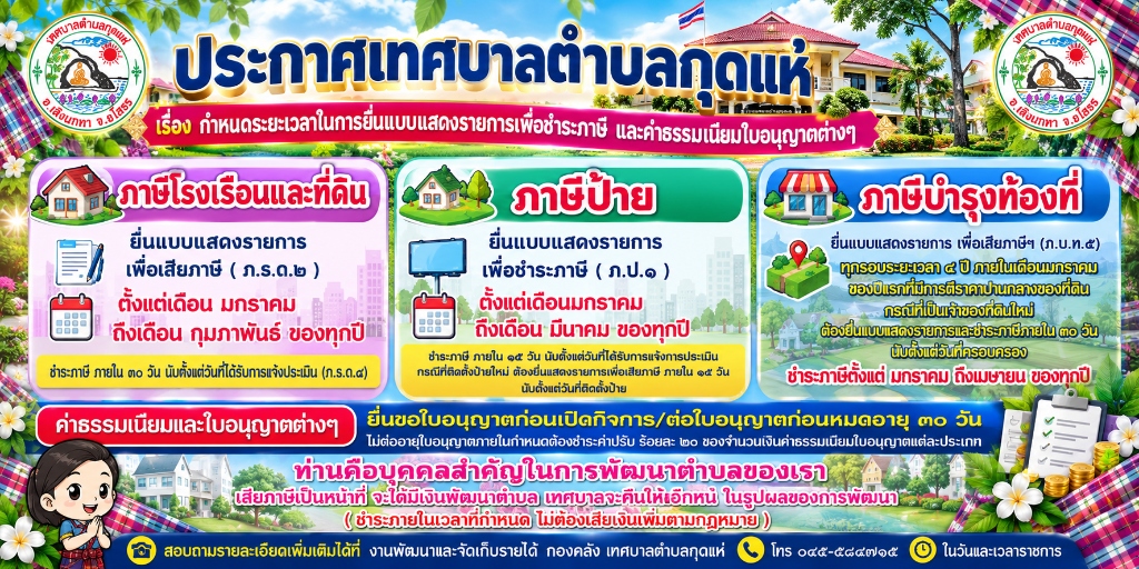 ประกาศเทศบาลตำบลกุดแห่: กำหนดระยะเวลาการยื่นแบบชำระภาษีและค่าธรรมเนียมใบอนุญาตต่างๆ